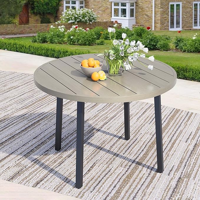 42 Round Patio Dining Table for 4 All-Weather Metal Patio Table with Umbrella Hole Outdoor Round Dining Table for Lawn Garden Porch Honey Oak