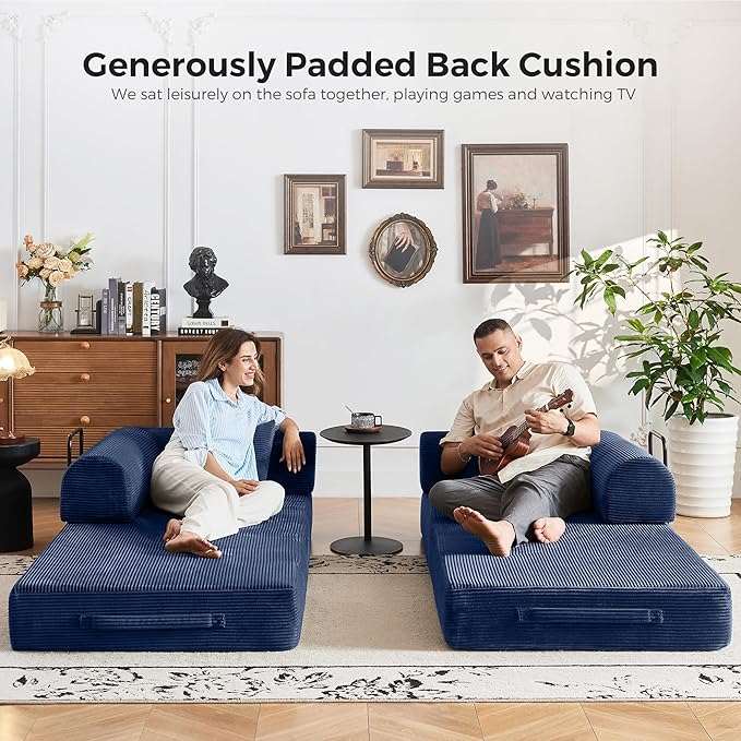 79'' Convertible Sofa Bed 5-in-1 Folding Corduroy Sleeper Couch with Pull Out Bed Oversized Modular Floor Sofa No Assembly Space-Saving Guest Bed for Apartment Living Room Bedroom (Blue) | Convert