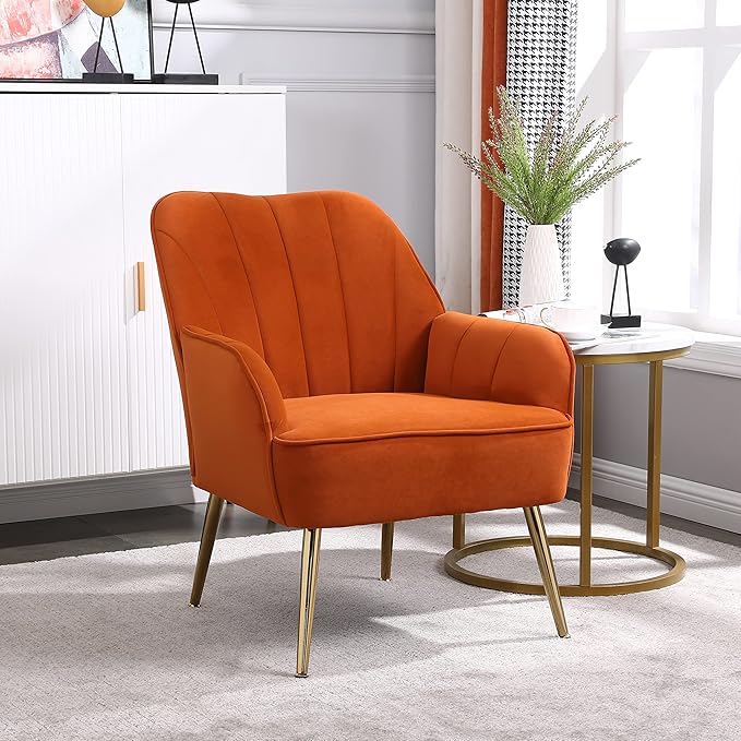 Modern Mid Century Chair Velvet Sherpa Armchair for Living Room Bedroom Office Easy Assemble(Orange)