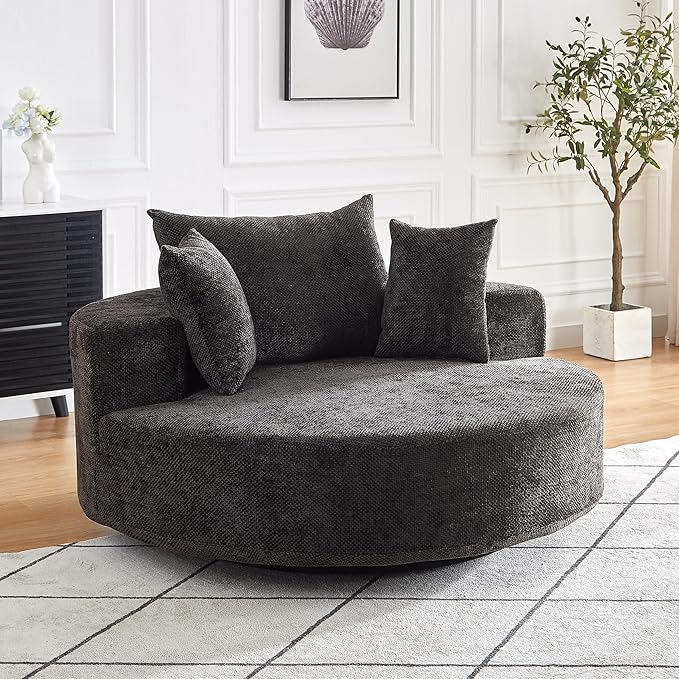 Oversized 360° Swivel Accent Chair for Living Room Modern 55’’ Comfy Chenille Extra Wide &amp Deep Seat Round Barrel Chair with Overstuffed Cushions No Assembly Needed Obsidian Black