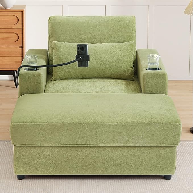 42.5 Oversized Armchair with Ottoman Storage Overstuffed Chair and a Half with Cup Holders &amp USB Port Chenille Accent Chairs for Bedroom Living Room Reading Phone Holder Side Pocket (Green)