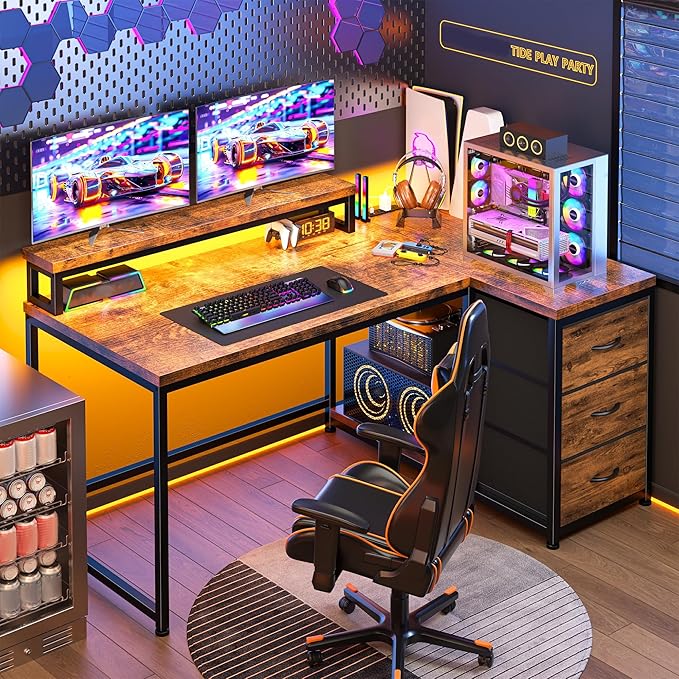 EnHomee L Shaped Desk with 3 Drawers 40 Inch Small Desk with Monitor Stand Gaming Desk with Power Outlet Computer Corner Desk with LED Lights for Gaming Home Office Study Room Rustic Brown