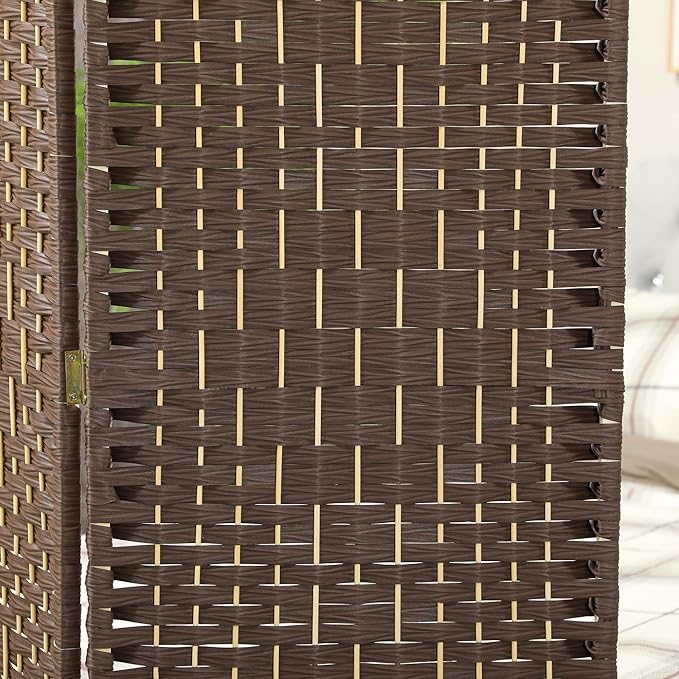 HOMCOM Room Divider 6 Ft 4 Panel Folding Privacy Screen Hand-Woven PP Wall Partition with Pine Wood Frame Freestanding Room Separator for Bedroom Home Office No Assembly Brown