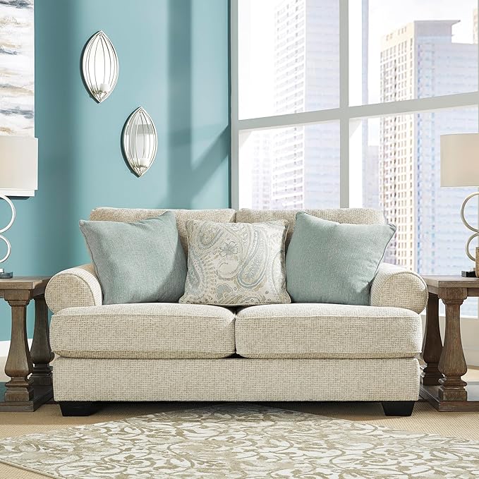 Signature Design by Ashley Monaghan Vintage Loveseat with Accent Pillows Reversible Cushions and Rolled Arms Beige