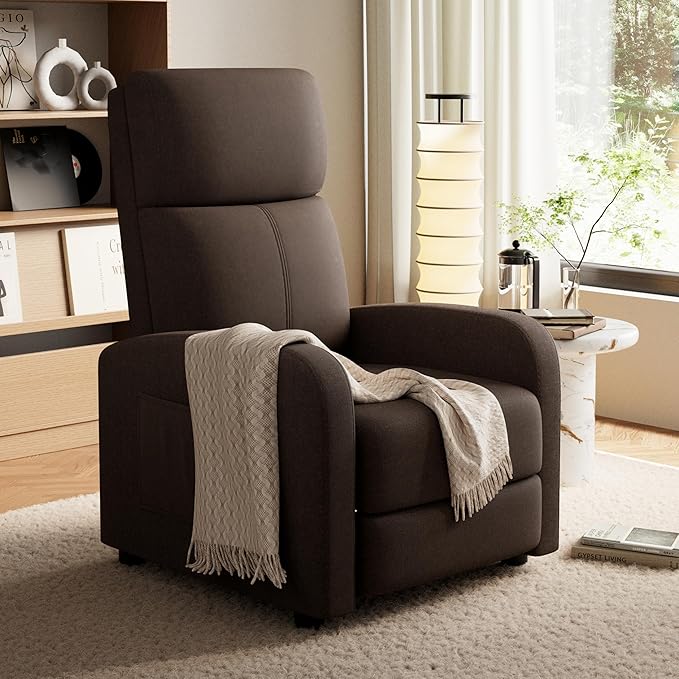 Manual Recliner Chair for Adults Lazy Recliner Linen Fabric Ergonomic Single Sofa with Side Pocket Adjustable Push Back Wide Arms &amp Padded Seat Lounge Chair for Living Room Home Theater Brown