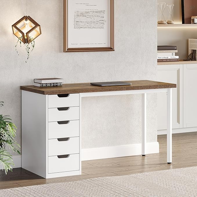 LITTLE TREE Computer Desk with 5 Drawers 47 Inch Modern Simple Study Writing Desk with Metal Frame Work Desk for Home Office Rustic Brown and White