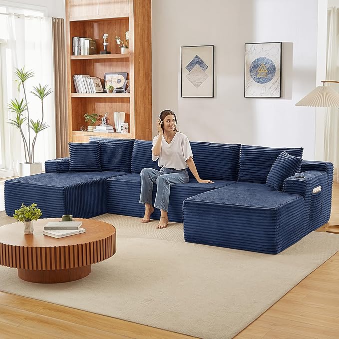 133.5 Modular Sectional Sofa with Movable Chaises Boneless Couches with Cup Holders for Living RoomOversized U Shaped Sectional Couch Modern Cloud Corner Sofa with Storage 6 Seater- Blue