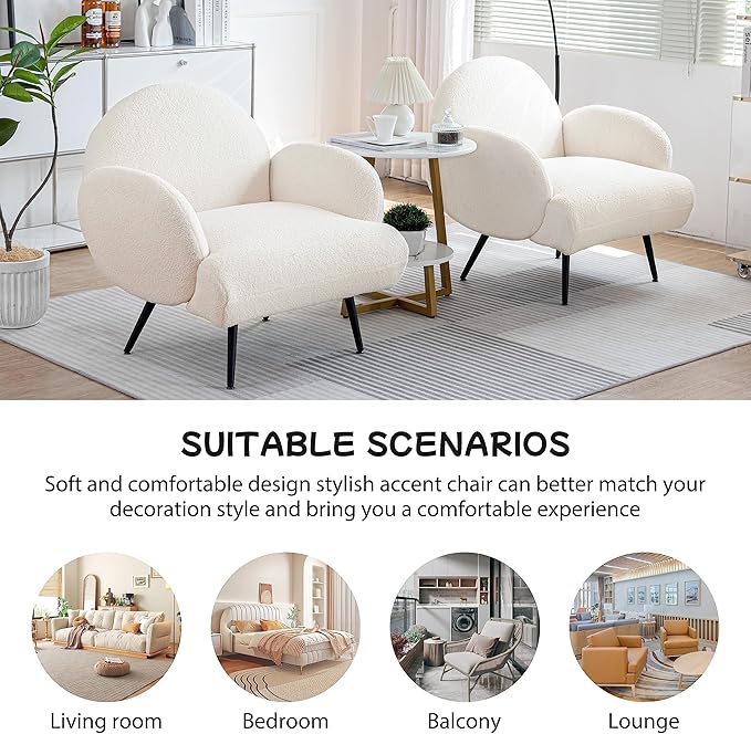 Accent Chair White with Black Metal LegsReading Chair for Bedroom Comfy Boucle Sherpa Chair for Living Room Bedroom