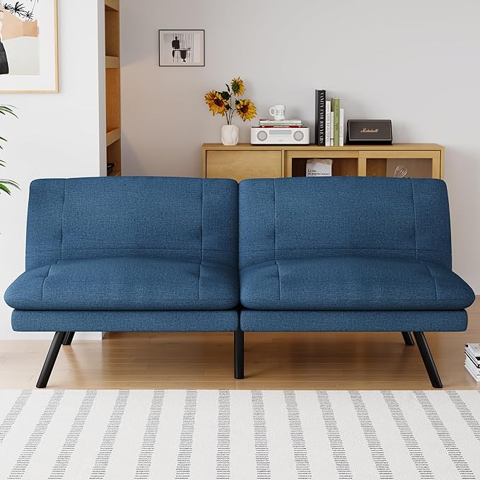 Futon Sofa Bed Convertible Couch Blue Linen Sofa Bed with Adjustable Backrest Multifunctional Small Loveseat Sleeper Sofa for Living Room Apartment Office