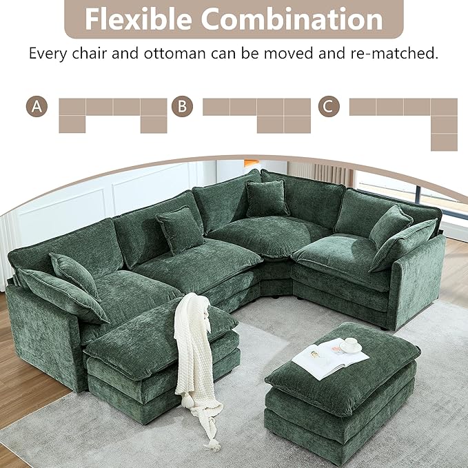 113.4 Deep Seat Sectional Cloud Sofa with 2 Ottomans Oversized U Shaped Modular Couch Large 6 Seater Corner Couches for Living Room Green Chenille