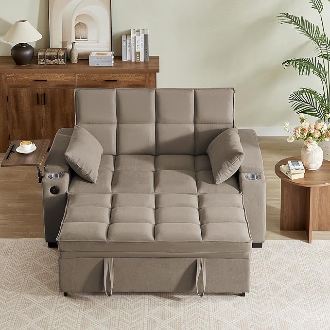 Eafurn Convertible Sleeper Sofa Bed with 360° Swivel Table &amp USB Ports Tufted Chenille Loveseat Pull-Out Couch with Storage Armrest &amp Cup Holders 6-Level Adjustable Backrest