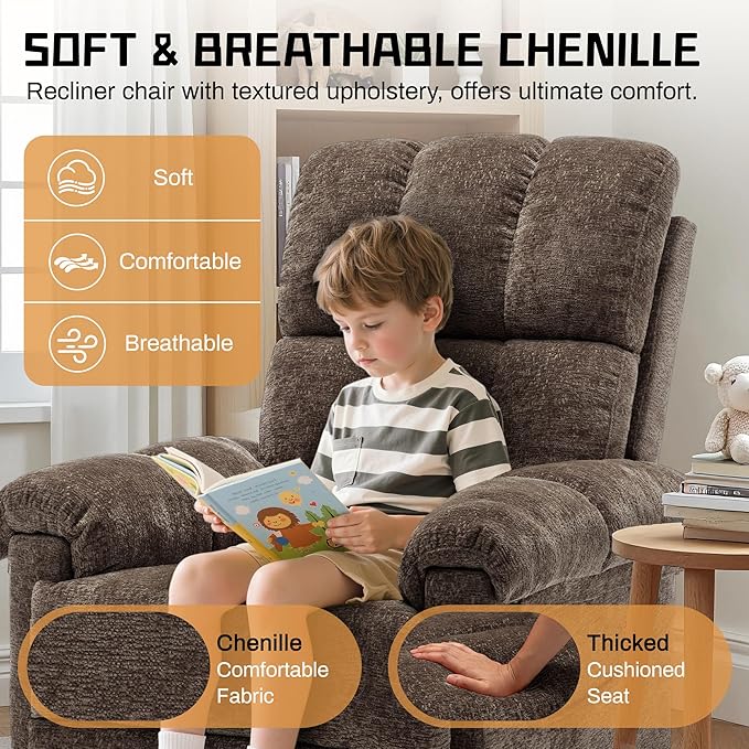 Recliner Chair Swivel Rocker Recliner Chair for Adults Small Recliners for Small Spaces Upholstered Manual Recliner with Side Pockets Nursery Rocking Chair for Living Room Chenille Brown