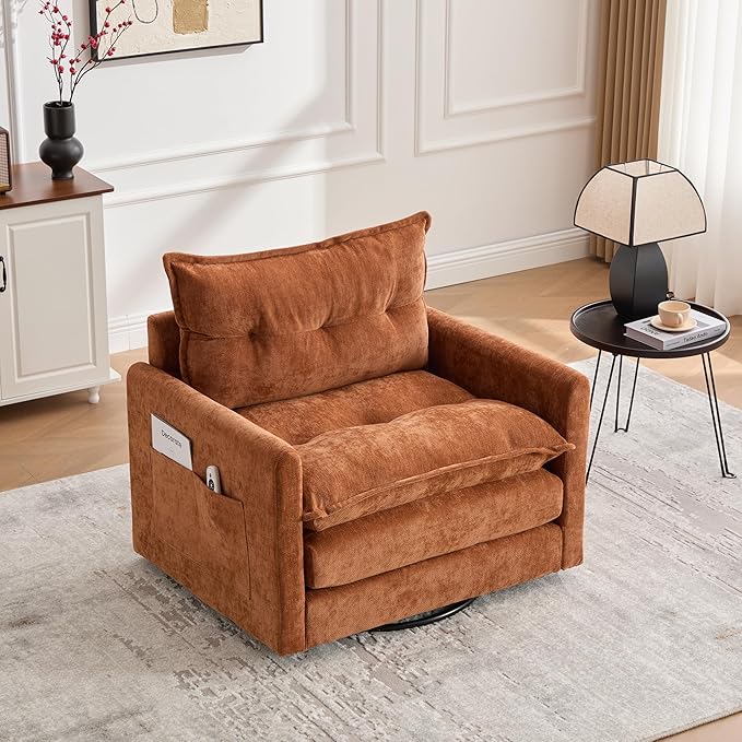 Swivel Accent Chair 360° Rotation Chenille Upholstered Leisure Armchair with Lumbar Pillow Thick Padded Arm Chair with Metal Base Single Sofa Chair for Living Room BedroomOffice (Brown)