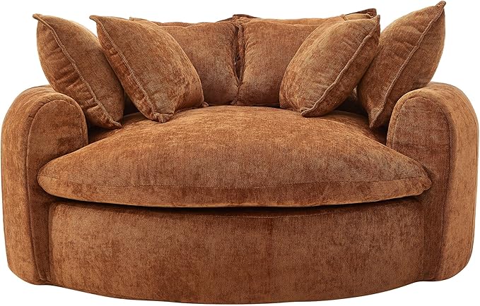 JUSTONE Oversized Round Chaise Lounge Chair 59.8-inch Modern Upholstered Chenille Cloud Chair Deep Seat Circle Floor Sofa for Living Room Bedroom Apartment Orange