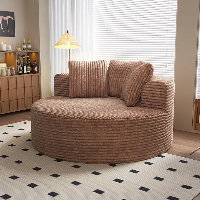 Oversized Round Chaise Lounge Chair Indoor 50'' Corduroy Single Floor Sofa Chairs Circle Deep Seat Sleeper Chair Modern Upholstered Boneless Sofa for Living Room Bedroom Apartment Brown