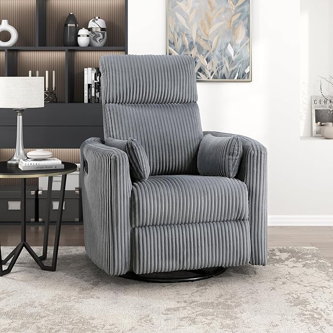 Lexicon Modern Swivel Glider Recliner Chair Nursery Glider Corduroy Fabric Upholstery Recliner with 2 Lumbar Pillows Manual Reclining Sofa Chair for Living Room/Office/Apartment Grey
