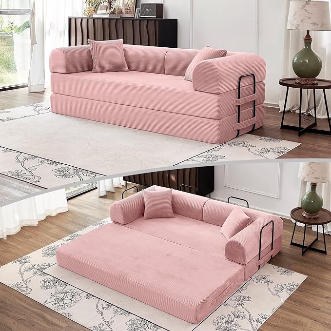 79 Convertible Sofa Bed 5-in-1 Modular Folding Boneless Couch Pull Out Floor Sleeper Cozy Lounger for Living Room or Bedroom Multi-Purpose Foldable Sofa (Pink)