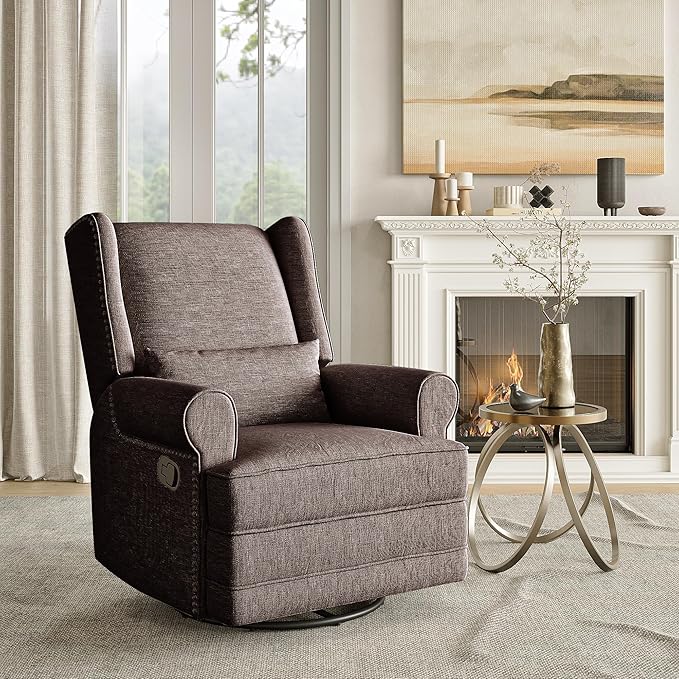 Nursery Glider Recliner Comfy Upholstered Glider Chair with Lumbar Pillow and Footrest Swivel Rocking Chair for Bedroom Living Room Brown