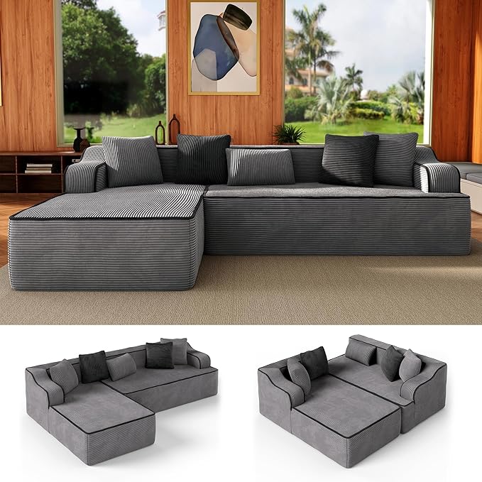 104 Cloud Boneless Sectional Couch with L-Shape Chaise Upholstered Corduroy Couch with Deep Seat No Assembly Required Compressed Sofa for Living Room Apartment Grey