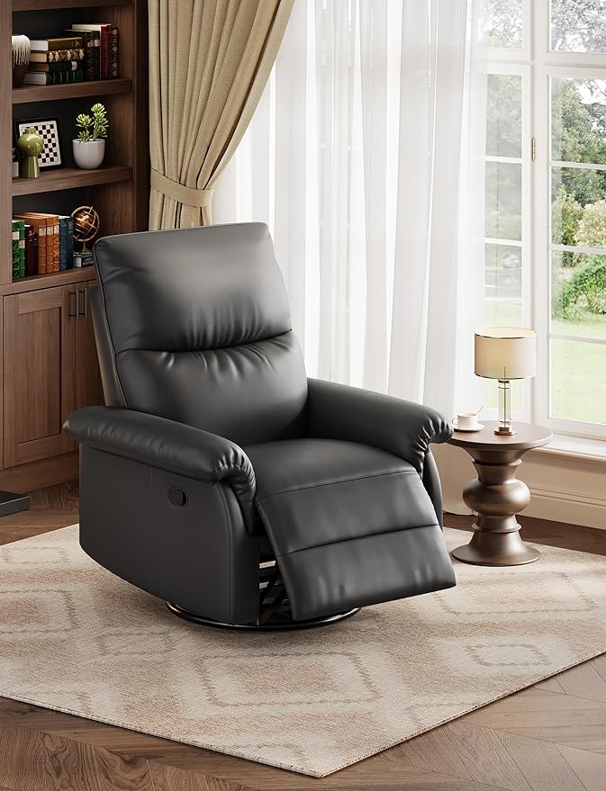 IDEALHOUSE Manual Recliner Chair 360° Swivel Rocker Glider Recliner with Padded Armrests Modern PU Leather Upholstered Reclining Chair for Living Room Bedroom and Nursery (Dark)
