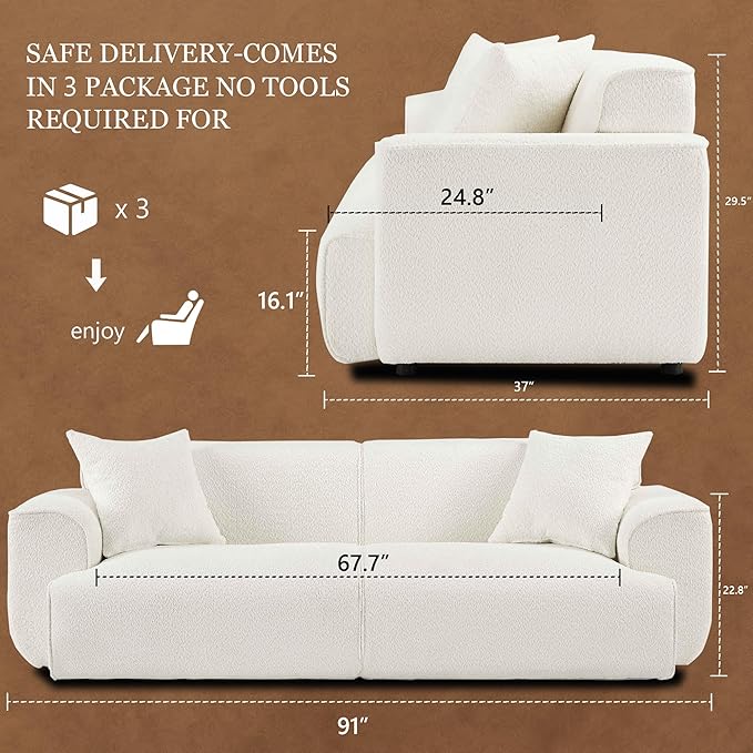Modern 91'' Wide Cloud Couch Sofa Love Seat Couches W/Solid Frame Friendly Couch W/Boucle Couch Cozy Fabric with 2 Pillow &amp Rectangular Arm for Apartment White