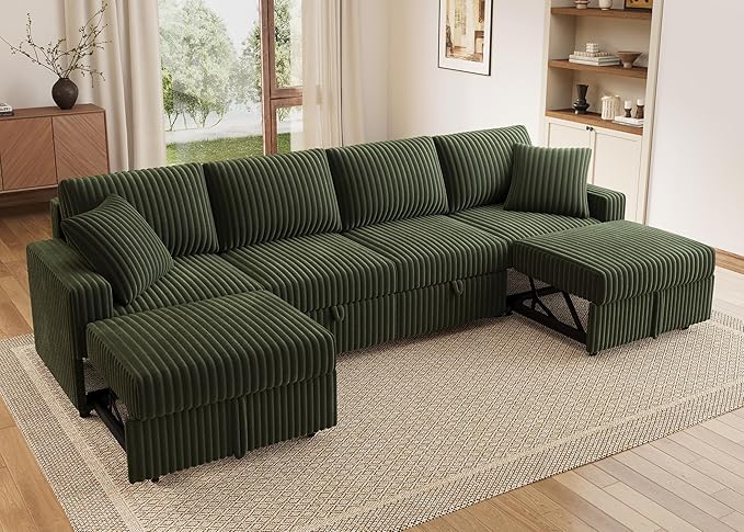 HONBAY 121.3 Inch Modular Sectional Sofa L &amp U Shaped Pull Out Couch with Adjustable Backrest &amp Storage Velvet Green