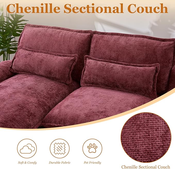 126 Modular Sectional Sofa with Storage Console Cloud Couch Chenille U-Shaped Sofa Cup Holders &amp Wireless Charger Memory Foam Double Chaise for Living Room Office Red