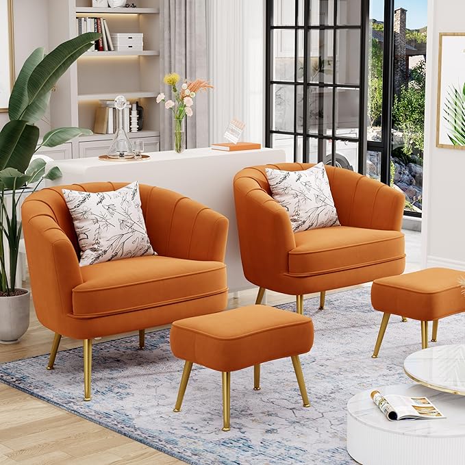 Andeworld Velvet Accent Chair with OttomanUpholstered Modern Single Sofa Side ChairComfy Barrel Club Living Room Armchair with Golden Metal Legs for Bedroom Living Reading Room OfficeCaramel Orange