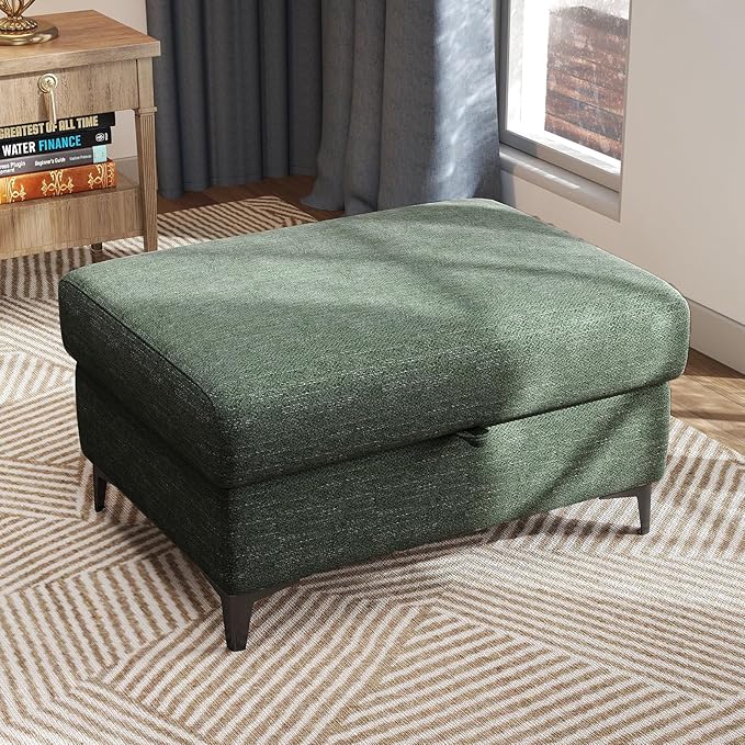 35 Large Storage Ottoman for Living Room 7.8 Deep Seat Rectangular Ottoman Foot Rest for Couch Chenille Storage Footstool Load 350 lb （Green）