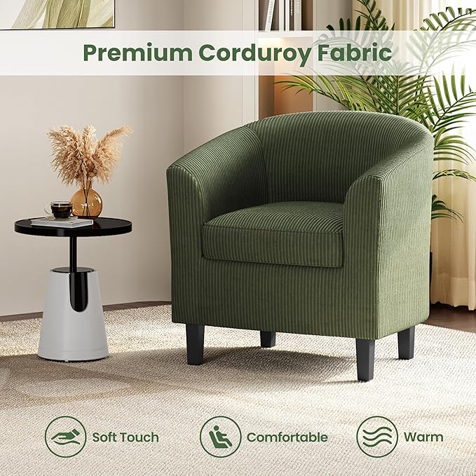 Yaheetech Corduroy Barrel Chair Upholstered Club Accent Chair Round Armchair with Soft Cushion for Living Room Bedroom Reading Room Dark Green