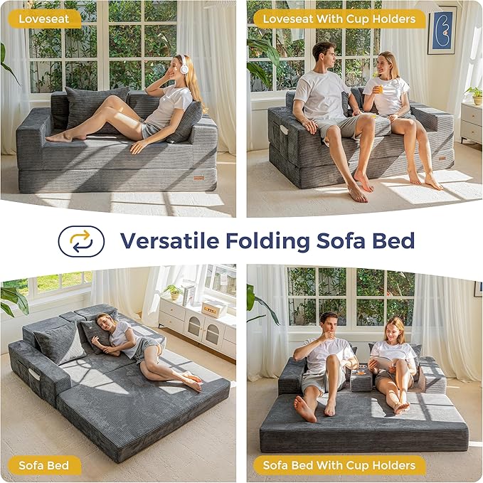 MAXYOYO Loveseat Sofa Bed 64 Foldable Floor Sofa Couch in A Box with 2 Cup Holders 4 in 1 Convertible Boneless Couch Folding Recliner Sleeper Chair for Living Room No Assembly Required Dark Grey
