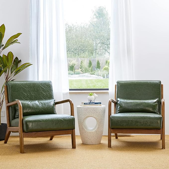 Glitzhome 2 Set Mid Century Hunter Green Accent Armchair Single Reading Armchair PU Leather Lounge Chair with Walnut Ruberwood Frame