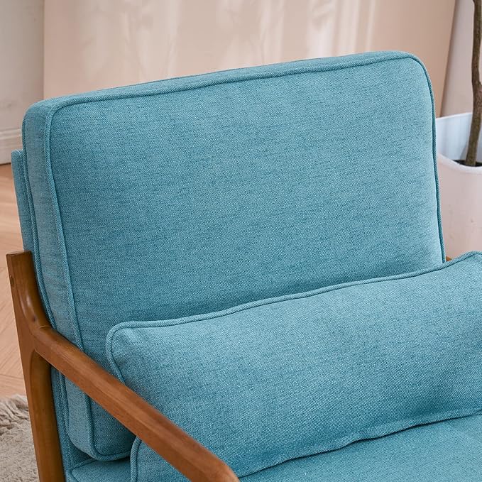 Karl home Accent Chair Mid-Century Modern Chair with Pillow Linen Fabric Upholstered Lounge Arm Chair with Solid Wood Frame &amp Soft Cushion for Living Room Bedroom Balcony Teal