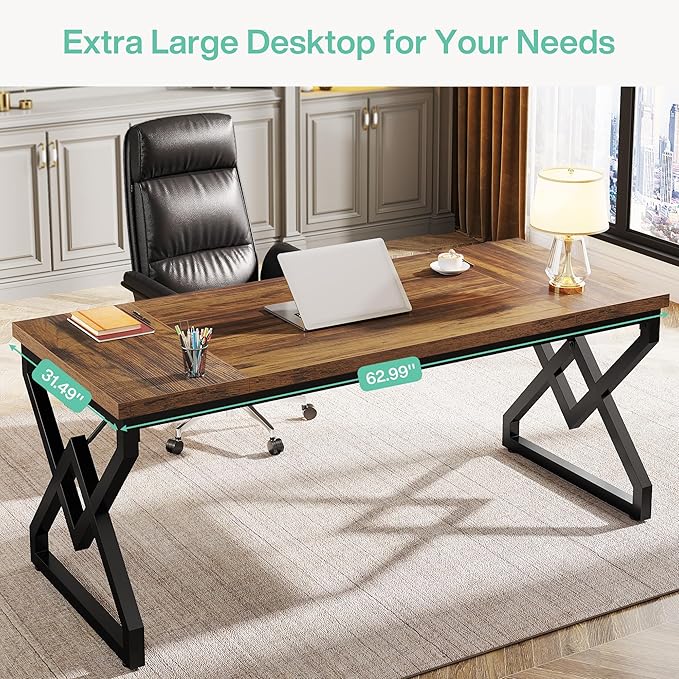 Tribesigns 63 Large Industrial Executive Desk with Extra Thickened Tabletop &amp Metal Frame Heavy-Duty 300 lb Capacity Home Office Desk for Study Room Dorm Bedroom – Vintage Brown &amp Black