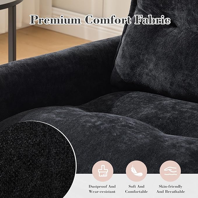 Furniliving Oversized Chenille Swivel Accent Chair for Living Room Upholstered Barrel Chair with Thick Padded Backrest Comfortable Single Sofa Chair for Bedroom Black