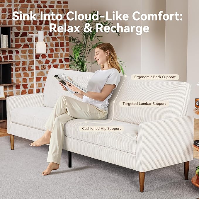Vipbear 88 Loveseat Sofa - Cream White Comfy Corduroy with Spring Cushion Solid Wood Frame Modern Deep Seat Bedroom &amp Living Room Office Couch