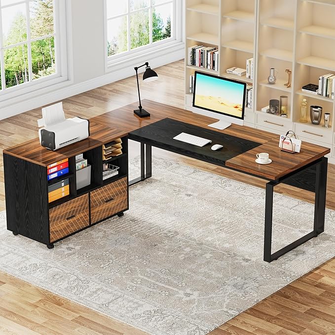 Tribesigns L-Shaped Executive Desk with Reversible File Cabinet 63 Office Desk with Storage Drawers L-Shaped Computer Desk with Drawer Cabinet for Hanging Letter Size Files (Brown+Black)