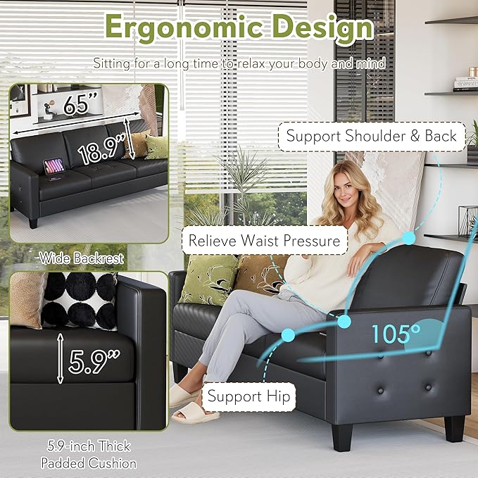STHOUYN 73” Black Faux Leather Sofa Couch Modern Comfy Office 3 Seater Couch Loveseat with Tufted Armrest and USB Small Love Seat Couches for Living Room Bedroom Apartment