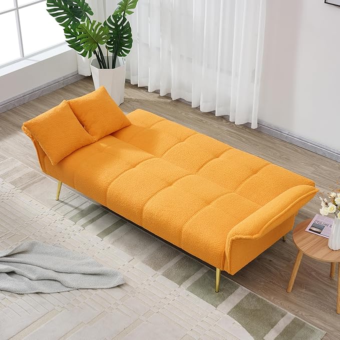 Convertible Sofa Bed Futon Couch Bed with Adjustable Arms and Backrest Modern Love Sofa with Gold Metal Legs for Living Room Bedroom (Teddy Fabric in Yellow 70.1 Wx31.1 Dx31.5 H)
