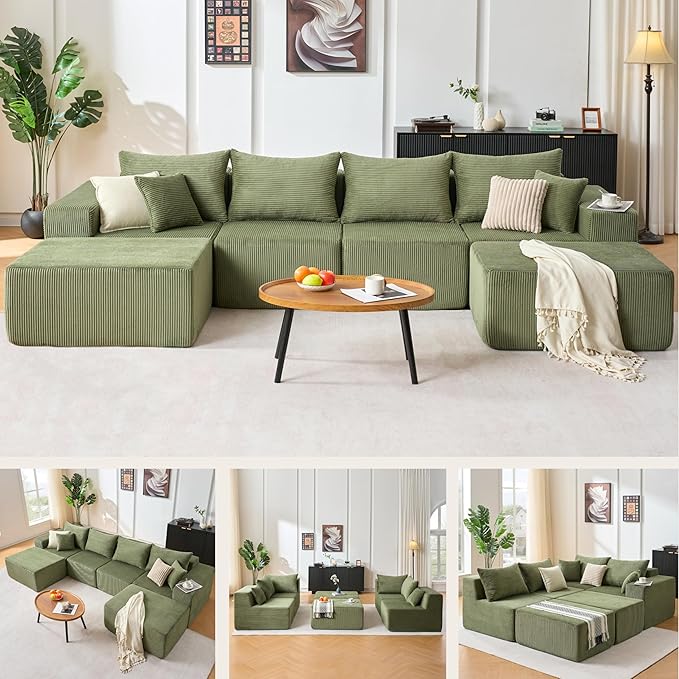 128 Modular Sectional Sleeper Sofa Modern Cloud Sectional Sofa Couch with 2 Ottomans U Shape Boneless Couches for Living Room Free Combination No Assembly RequiredGreen