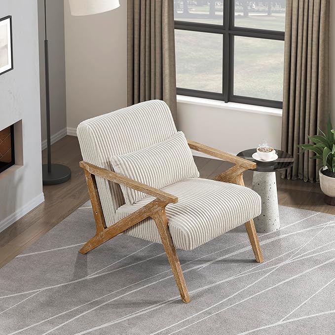Lexicon Mid Century Modern Accent-Chair with Lumbar Pillow Brown Solid Wood Frame Comfy Corduroy Upholstered Lounge Arm Chair for Living Room/Bedroom/Office/Reading Nook Assembly Required Beige