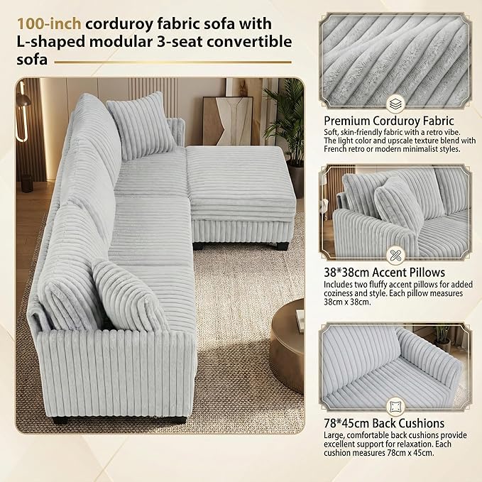 100 L Shaped Sectional Couches for Living Room Modular Sectional Sofa with Movable Ottoman Corduroy 4 Seat Couch with Built-in Charging Ports Light Grey | Movable Ottoman Soft Corduroy Feel USB