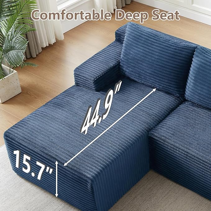 96 Cloud Sectional Couch with L-Shape Chaise Modular Comfy Sofa Chaise Longue Upholstered Corduroy Couches Sleeper with Deep Seat for Living Room Bedroom No Assembly Required(Blue Left Facing)