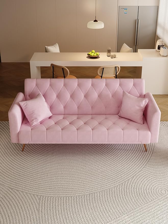 KEIKI 71 INCH Loveseat Sofa with Adjustable Backrest Upholstered 2 Seater Velvet Couch for Living Room Bedroom Office Apartment Pink