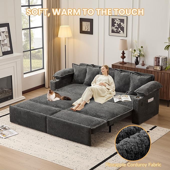 83 King Size Pull Out Sofa Bed 4-in-1 Convertible Sleeper Sofa Bed with USB Ports Cup Holders Side Pockets Corduroy Pull Out Couch Loveseat Chaise for Living Room Small Space (Dark Gray)