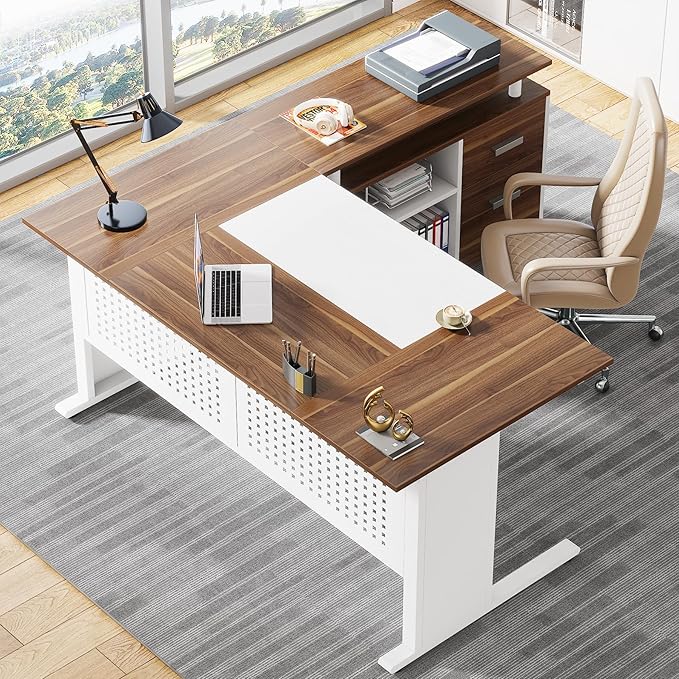 Tribesigns 63 Inch Executive Desk with File Cabinet L Shaped Office Desk with Drawers and Storage Shelves Business Furniture Set Workstation for Home Office White and Walnut