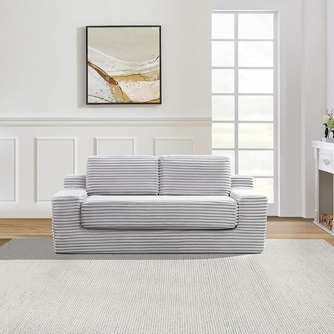 Loveseat Cloud Boneless Couch Upholstered Floor Sofa with Armrests 2-in-1 Convertible Corduroy Couch Bed for Living Room Apartment Grey