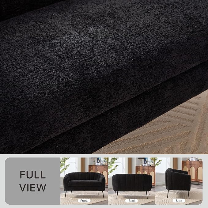 50.2'' Loveseat Sofa Modern Sherpa Boucle 2-Seater Sofa with Metal Legs Comfy Upholstered Small Accent Couch for Living Room Bedroom Office (Black).