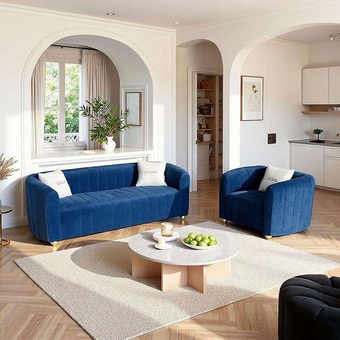 Modern Velvet Loveseat Sofa Couch for Living Room 84 Comfy Upholstered 3 Seater Sofa Couch with Gold Metal Legs &amp 2 Pillows Luxury Sectional Sofa for Bedroom Office Apartment Blue
