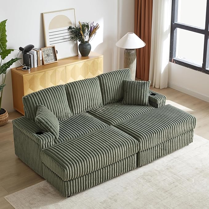 84 W Double Chaise Lounge Chair Indoor Oversized 3 Seater Sleeper Sofa Bed with 2 Ottoman Upholstered Deep Seat Corduroy Couch with 2 Storage Armrests &amp Cup Holder for Living Room Apartment G